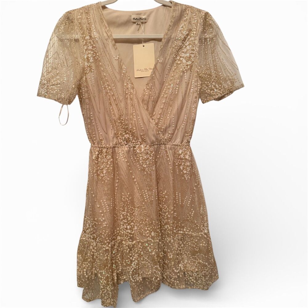Floral Beaded Mini Dress - Gold